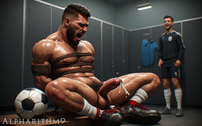 Image 4 features a soccer player bound with rope and begging to cum on the locker room.