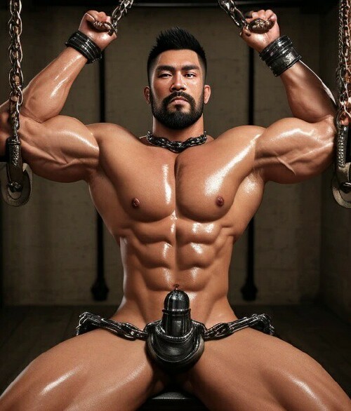 Naked Asian male in cock bondage art 6