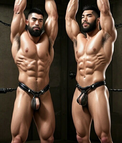 Two naked Asian men in bondage art