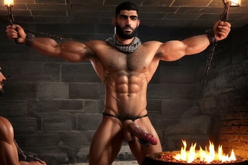 Hung guy suffers torture in Malik's dungeon in gay male bondage art by Alpharithm9.